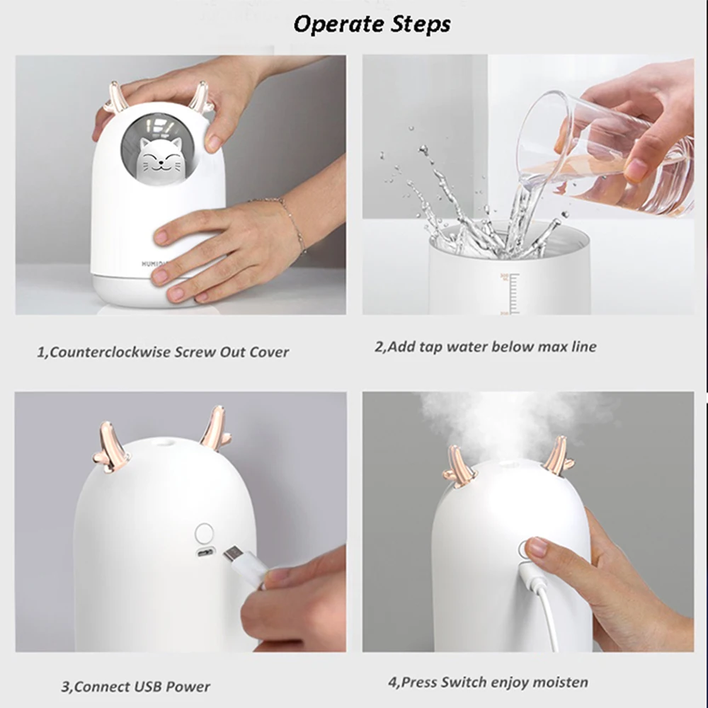 

300ML USB Air Humidifier Ultrasonic Cool Mist Maker Fogger with Colorful Lamp Cute Cat Mini Aroma Diffuser Humidificador Difusor
