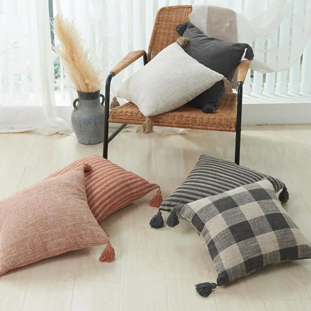 

Cotton Linen Thickened Striped Tassel Cushion Cover 45*45cm Decorative Throw Pillow Case Vintage Throw Pillow Covers for Home