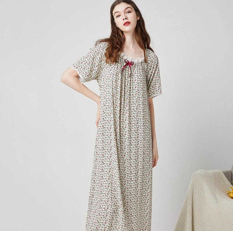 

Summer Sleepwear Loose Nightdress Women Printed Nightgown Lady Short-sleeve Round Neck Nightwear Female Night Home Cloth Dress