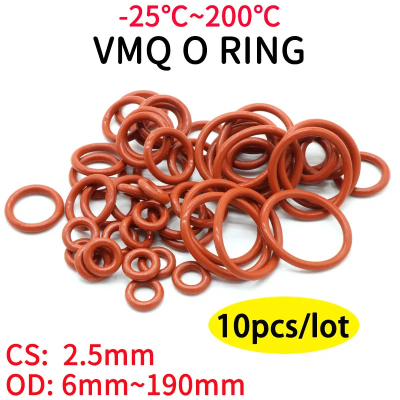 

10pcs Red VMQ Silicone O Ring CS 2.5mm OD 6 ~ 190mm Food Grade Waterproof Washer Rubber Insulated Round Shape Seal Gasket