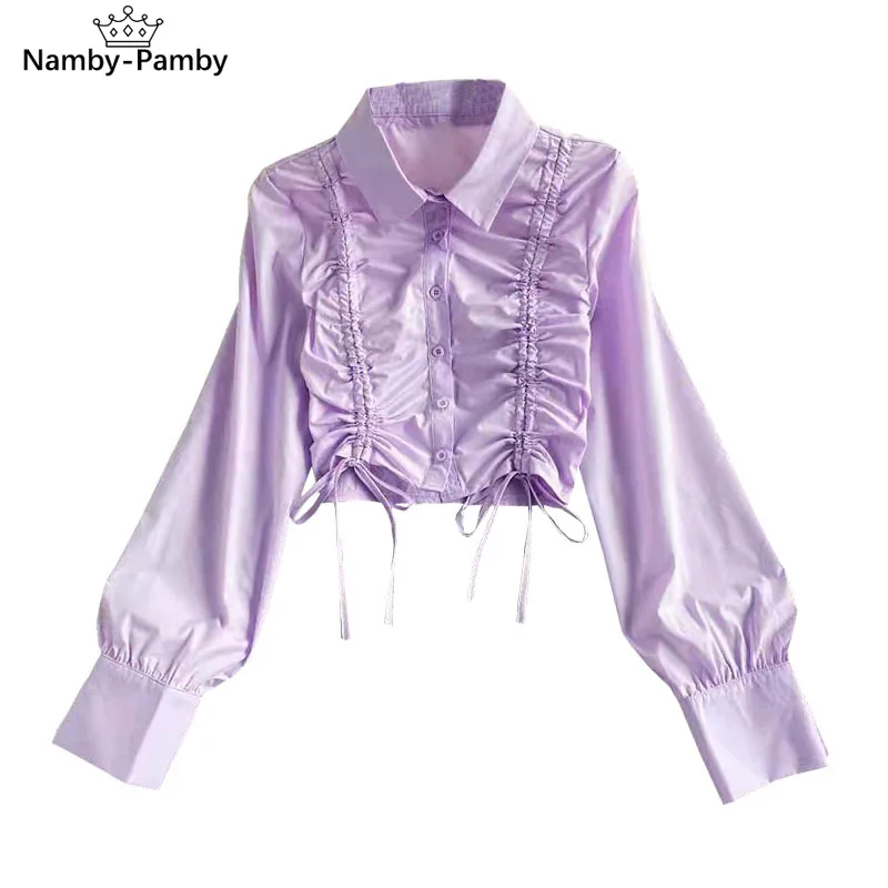 

Autumn 2020 New Korean Version of The Pleated Tie White Shirt Women's Long-sleeved Lapel Short Cropped Umbilical Top UK418