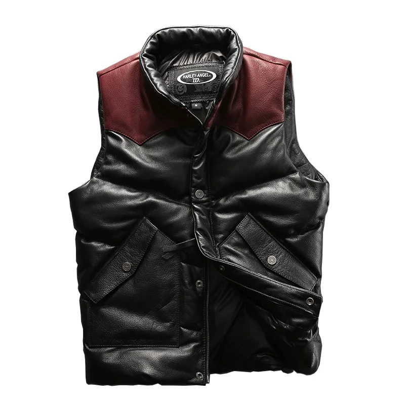 

Description! Asian Read Size Supreme Quality Cow Skin Male Cowhide Leather Mens Duck Feather Down Warm Vest A5-1