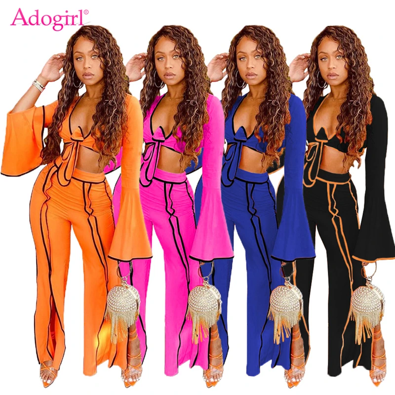 

Женский комплект из двух предметов, с укороченным топом и широкими штанинами, с завязками спереди и расклешенными рукавами, осень 2020