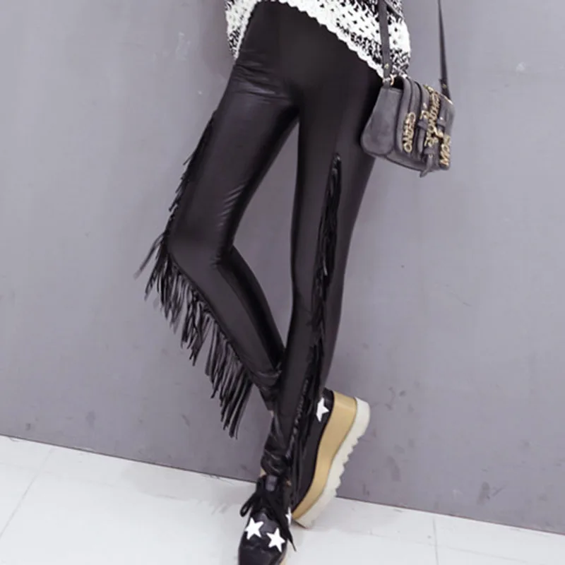 

Goth Tassel PU Leggings Pants Women Winter Black Street Punk Moto Fashion Sexy Slim Goth Girl Leather Elastic Trousers Fashion