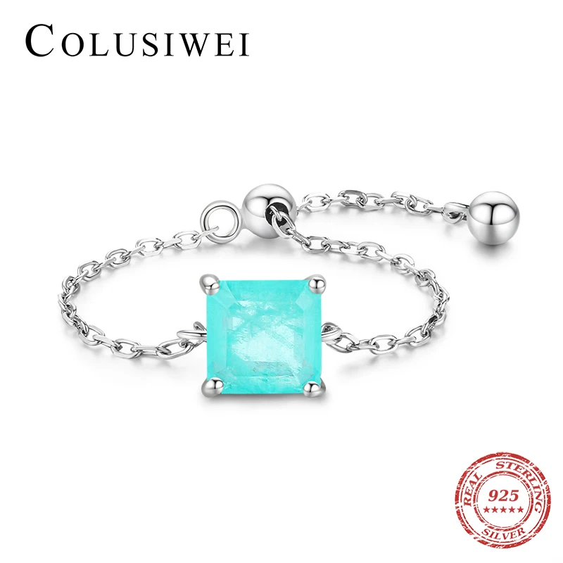 

Colusiwei 100% Solid 925 Sterling Silver Green Tourmaline Square Chain Link Ring Adjustable Finger Ring for Women Jewelry Bijoux