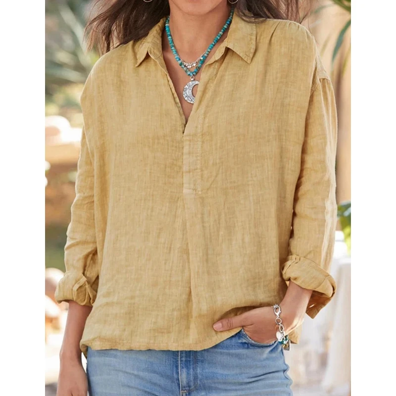 

Lugentolo Long Sleeve Blouses Women Cotton Thin Pullover Shirt Summer Fashion Loose V-Neck Casual Ladies Tops