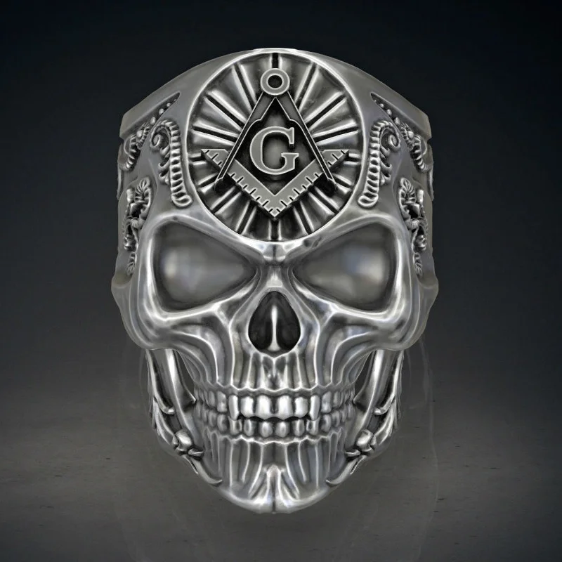 

New Exaggerated Skull Shape Masonic Pattern Ring Men's Ring Metal Silver-Plated Ring Accessories Party Jewelry Size 8 ~ 13