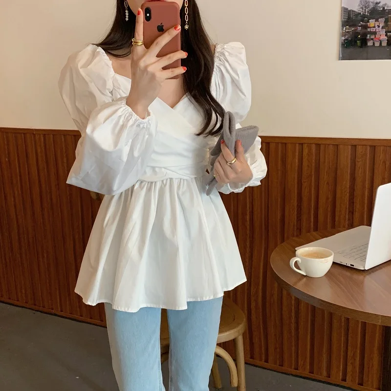 

Alien Kitty Women Chic 2021 New Shirts Autumn Solid V-Neck Cross Gentle Puff Sleeves Pleated Elegance Loose Blouse Female Tops