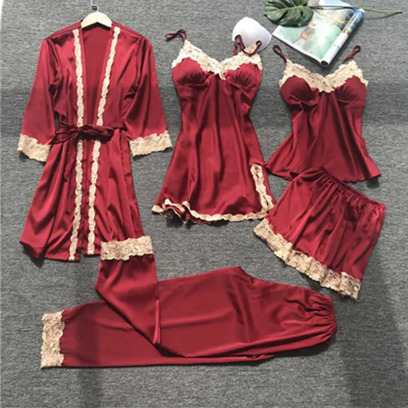 Red Пижамы для женщин, сексуальные, атласные, шелковые, 5 шт., пижамный комплект, кружевная ночная рубашка, халат и штаны с нагрудной накладкой, для женщин, для дома - Цвет: Red