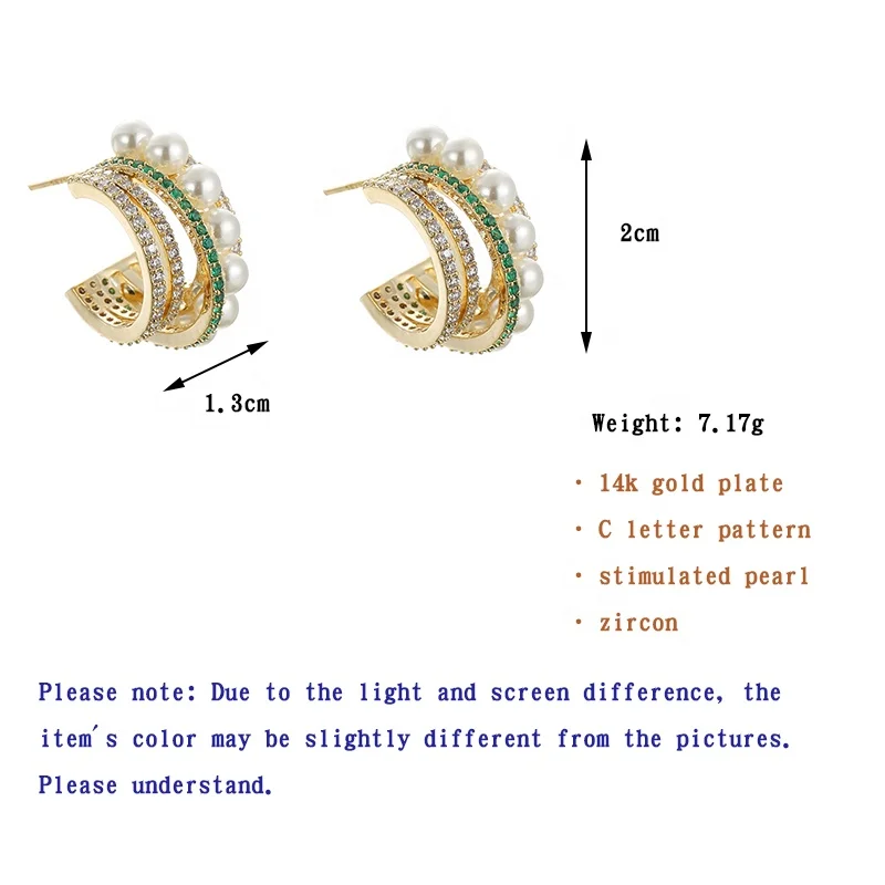 

ONYSS Fashion CC Earrings CZ Crystal Green MINI Stone Luxury Women Pearl Hoop Earrings 2021
