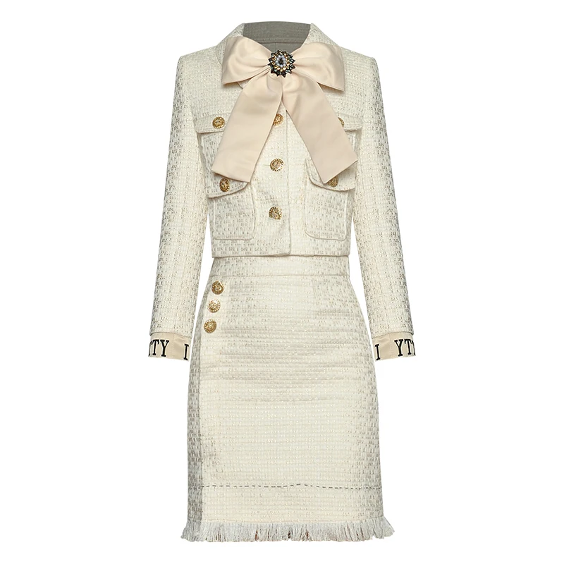 

sets womens outfits women's two pieces winter 2020 brand Runway Long Sleeve Beading Suit Tops+ tassels Mini short Skirt office