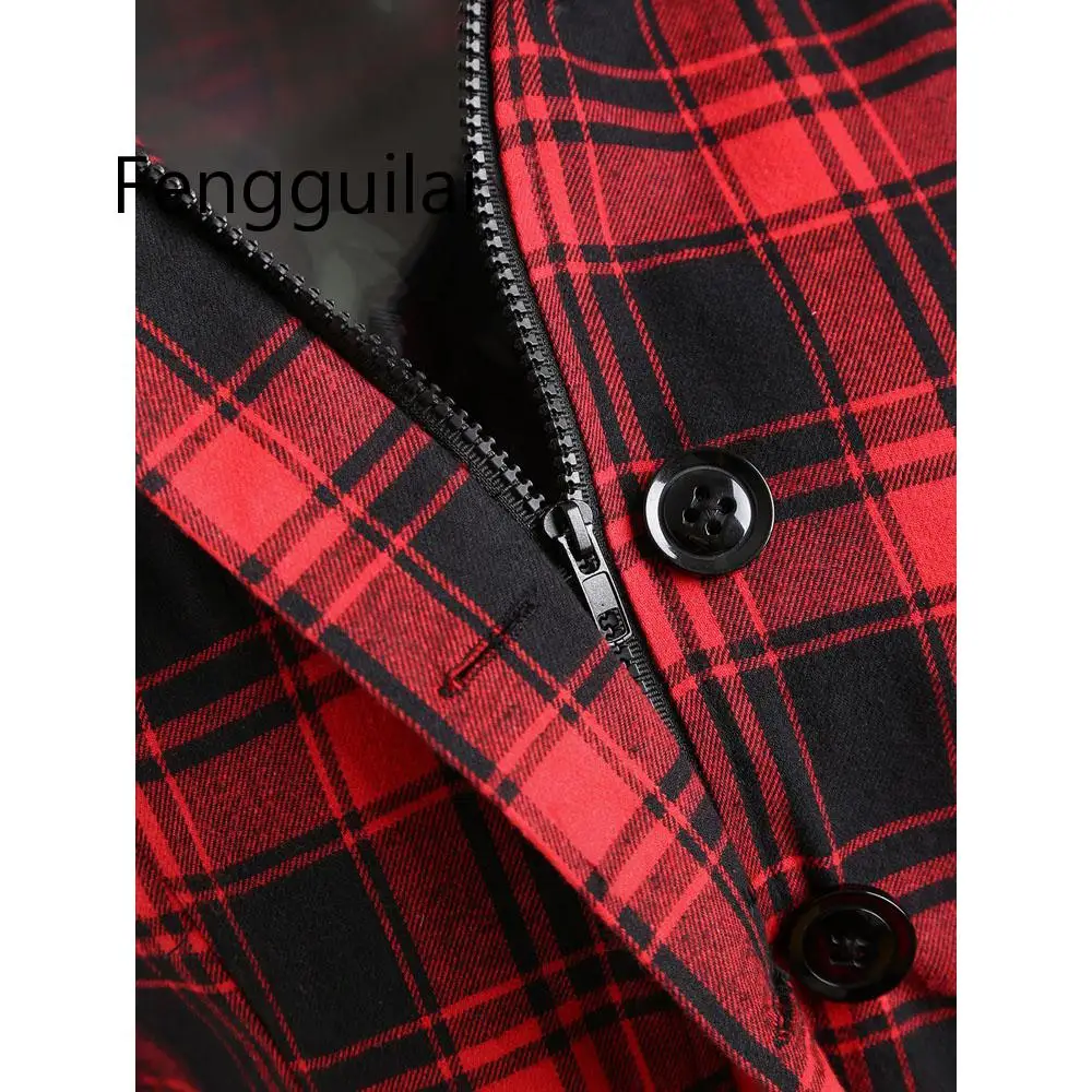 

Autumn Winter Gothic Trench Coat Vintage Red Black Plaid Plus Size Back Bandage Overcoat Hooded Long Goth Single Breasted Coats