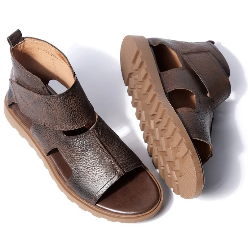 Сандалии мужские из натуральной кожи брендовые винтажные дышащие босоножки с