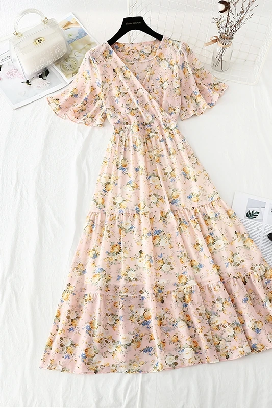 

Women Dresses Summer 2021 Sexy V Neck Floral Print Boho Beach Dress Ruffle Short Sleeve A Line Mini Dress Wrap Sundress Robe