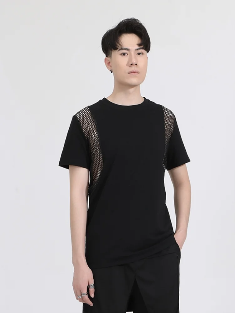

Men's Short Sleeve T-Shirt Summer New Dark Round Neck Personality Breathable Mesh Zipper Stitching Slim T-Shirt
