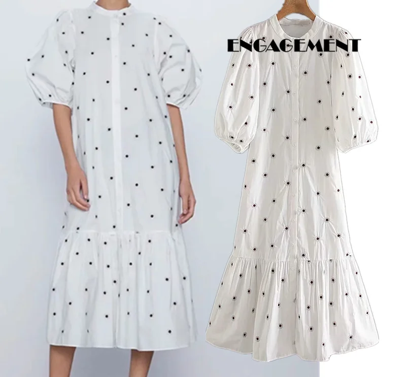 

ENGAGEMENT 2021 Women indle folk vintage puff sleeve loose midi summer dress women de fiesta de noche vestidos