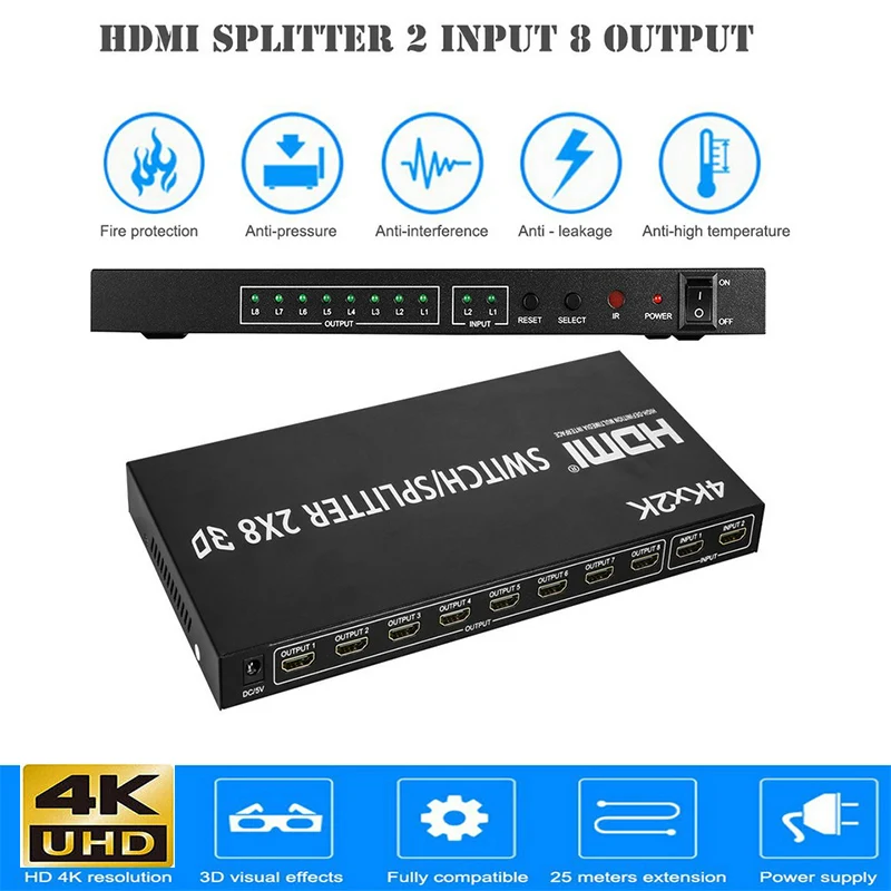 Разветвитель/переключатель HD MI 2X8 UHD HD MI 1,4, 4K при 30 Гц, 2 входа, 8 выходов светодиодный телевизора 4K, монитора, компьютера, ps4, проектора