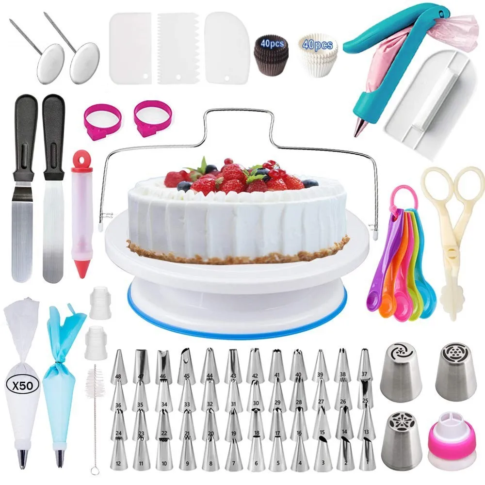 

Инструменты для украшения тортов, набор из 206 штук, поворотный стол для тортов, русская насадка, кондитерский мешок, инструменты для выпечки,...