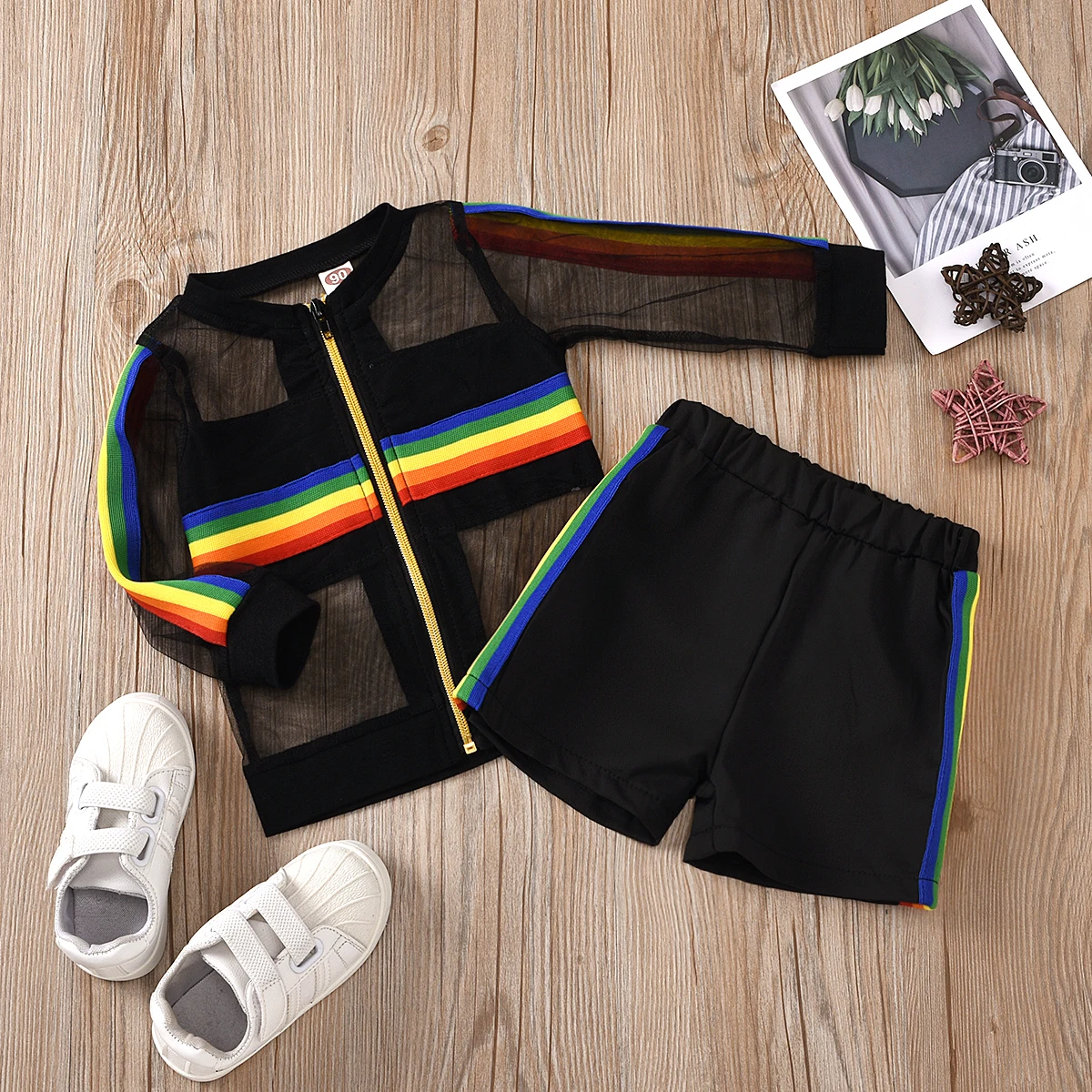 2020 детская одежда для девочек костюм с шортами в полоску прозрачный радужным