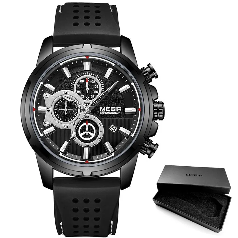 MN2101G-Black MEGIR, кварцевые часы, мужские, силиконовый ремешок, хронограф, наручные часы, мужские, Relogios Masculinos, Топ бренд, роскошные часы для мальчика, 2101, розовый, синий - Цвет: MN2101G-Black