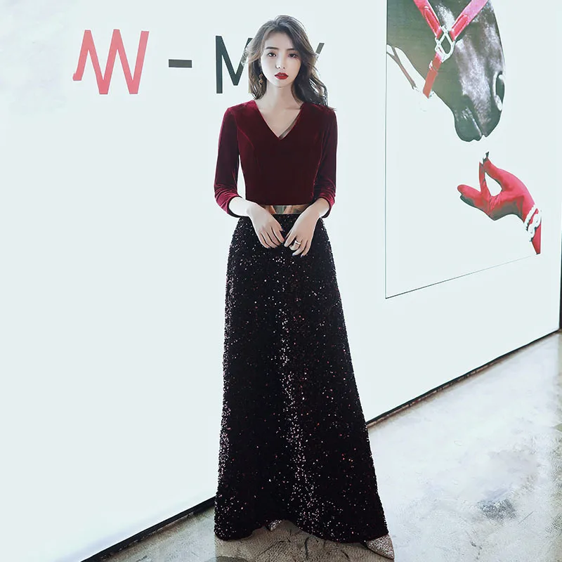 

Evening Gowns Long It's Yiiya AR481 Elegant Burgundy Robe De Soiree Three Quarter Sleeve Sequined Formal Evening Dresses