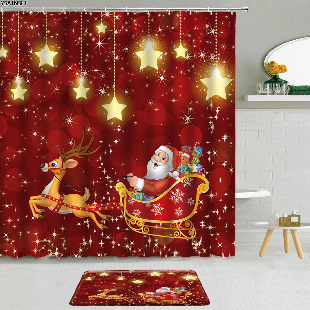 

2Pcs Merry Christmas Santa Claus Elk Shower Curtain Snowflake Tree Colored Balls Non-Slip Bath Mat Bathroom Hanging Curtains Set