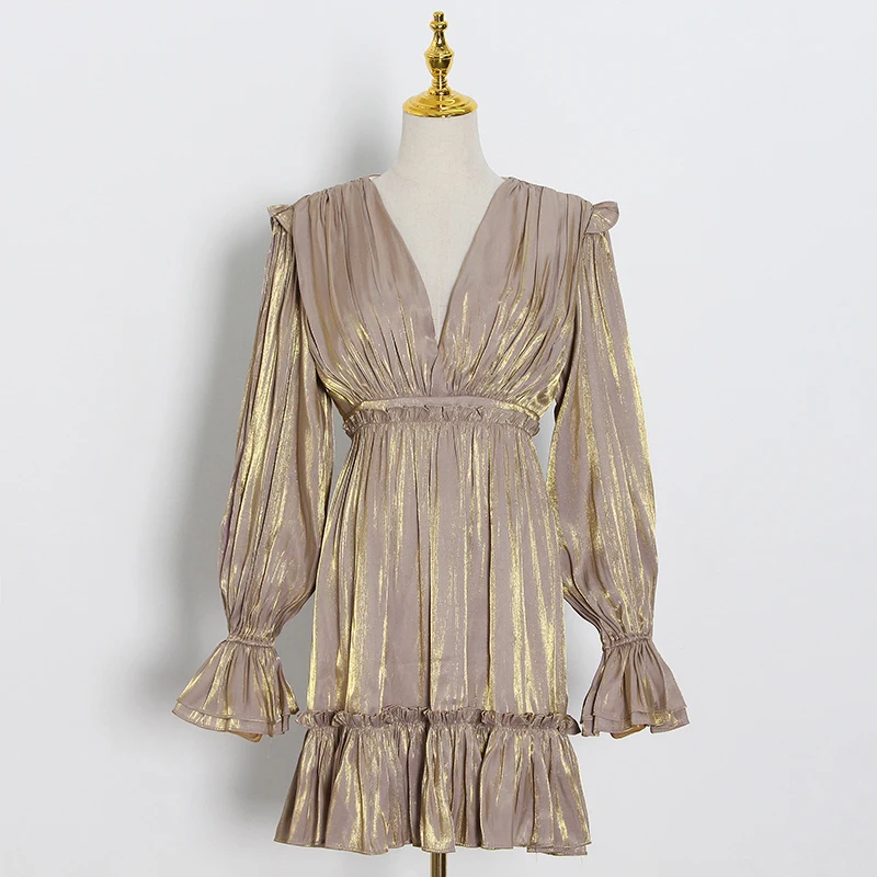 

TWOTWINSTYLE Elegant Dress women V Neck Lantern Sleeve High Waist Ruffle Midi Dresses Female 2020 Summer New Clothing Fashion