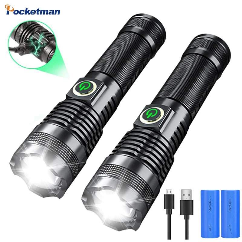 

2PCS XHP50 900000 Lumens LED Flashlight Built-in Battery Torch USB Light Charging 5 Modes Flashlight With Zoomable Power Display