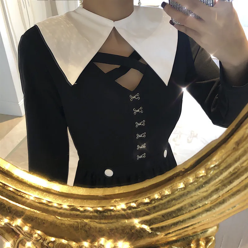 Зимнее черное винтажное платье большого размера женское обеденное вечернее на