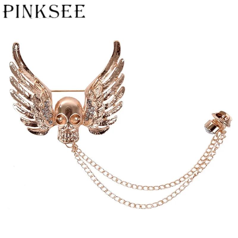 

Pinksee Personality Retro Collar Clip Punk Chain Tassel Chain Lapel Pin for Women Men Metal Wings Skull Head Badge Jewelry
