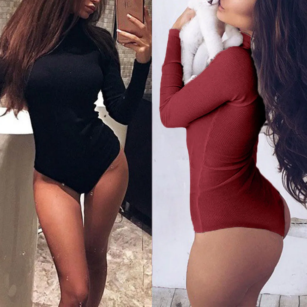 Новые модные женские Зимние Боди простой однотонный топ с длинными рукавами эластичные Комбинезоны женские мягкие Комбинезоны чулок