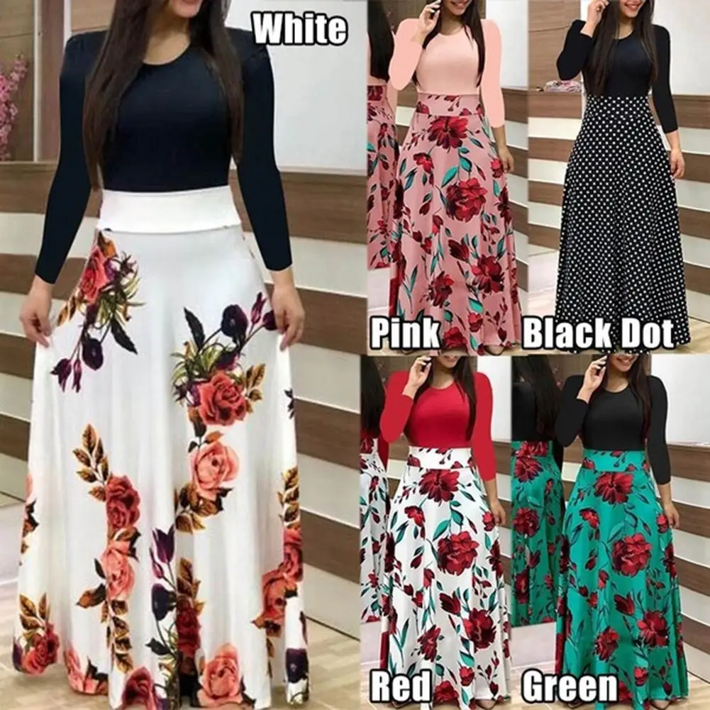 

Summer Flower Dot Print Color Matching Long Sleeve High Waist Women Maxi Dress