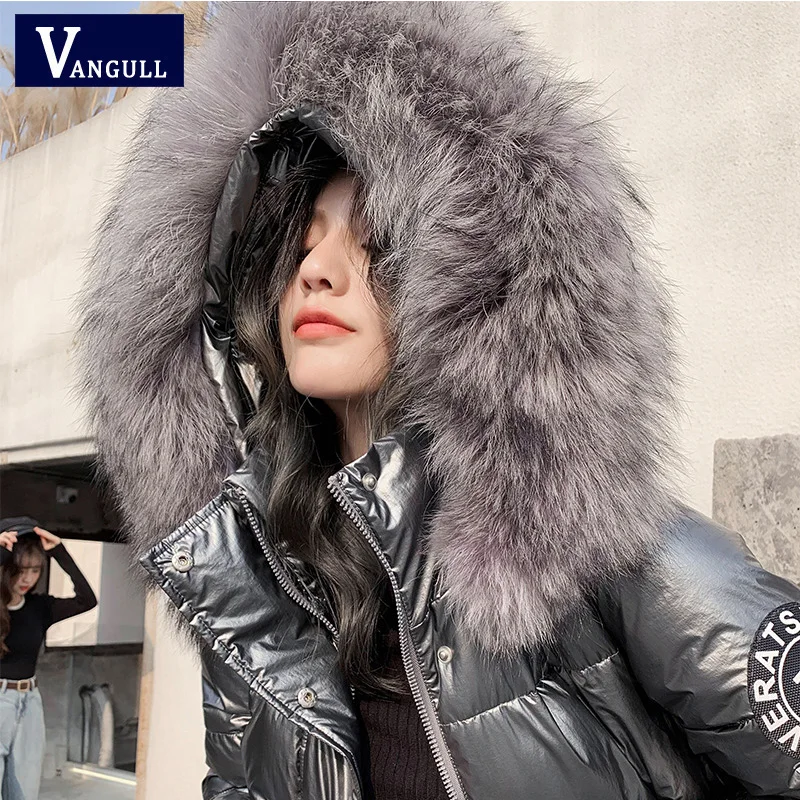 Vangull новая глянцевая женская зимняя куртка с большим меховым воротником, зимнее пальто, женская длинная парка, женские парки с капюшоном, теплые хлопковые приталенные куртки