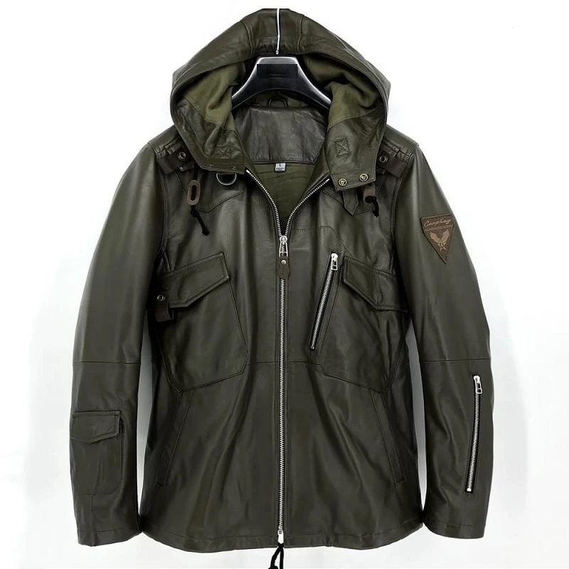 Мужская куртка из натуральной овчины в стиле милитари с капюшоном весна-осень