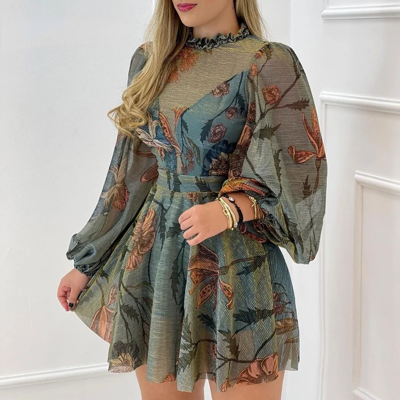 

Mini Party Dress Women autumn 2021 new Chic Round Frill Hem Neck Mesh Puff Sleeve dresses