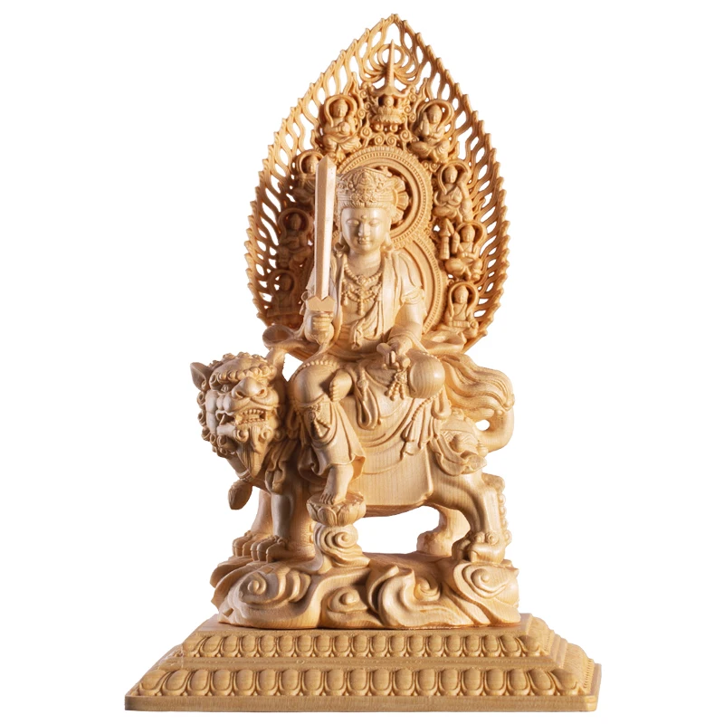 

Cypress Wood 22CM Manjushri Samantabhadra Sculpture Solid Wood Buddha Statue Bodhisattva Home Decor