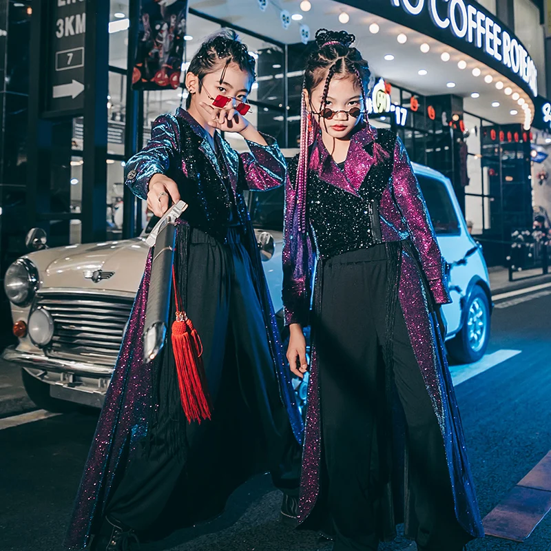 

Одежда для джазовых танцев для детей, осенний Новый Блестящий костюм в стиле хип-хоп для мальчиков и девочек, современные уличные танцеваль...