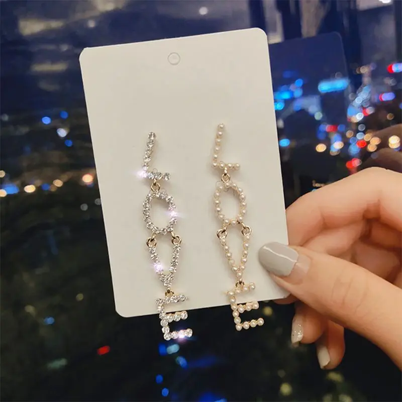

Long Hollow Letter LOVE Crystal Pearl Earrings Drop Earrings For Wedding Party Jewelry Bridal Gift Earring