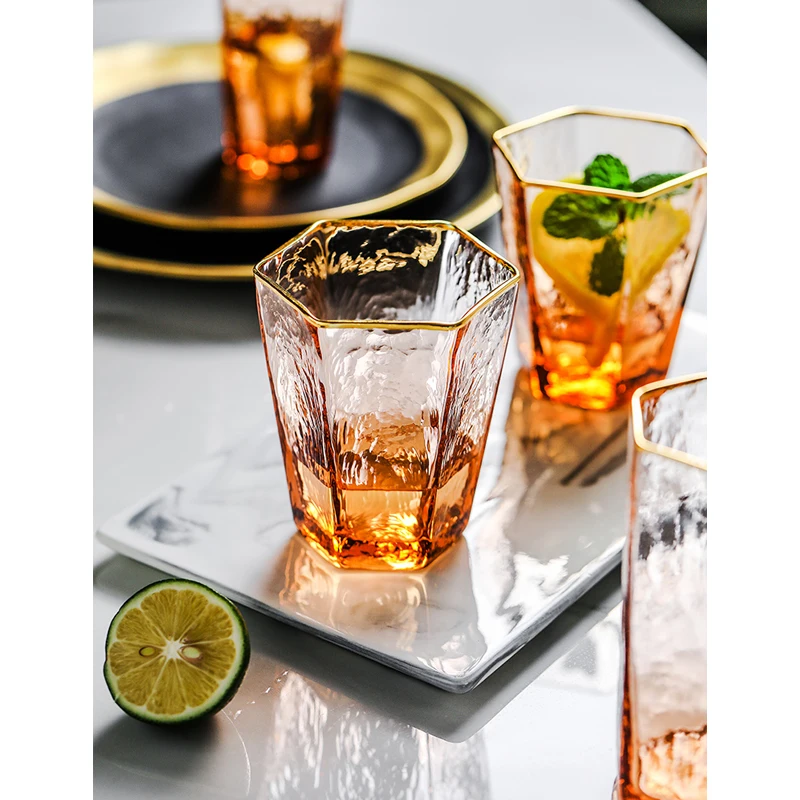 

Nordic High-grade hexagonal Hammer stripe gold-rimmed wine glass Crystal Glass Champagne Cup Household Whisky glass Water Cup
