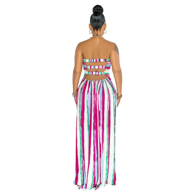

Women Sexy Sleeveless Strapless Long Dress Print Backles Hollow Out Fit and Flare Maxi Dresses 2021 Summer Party Club Outfits