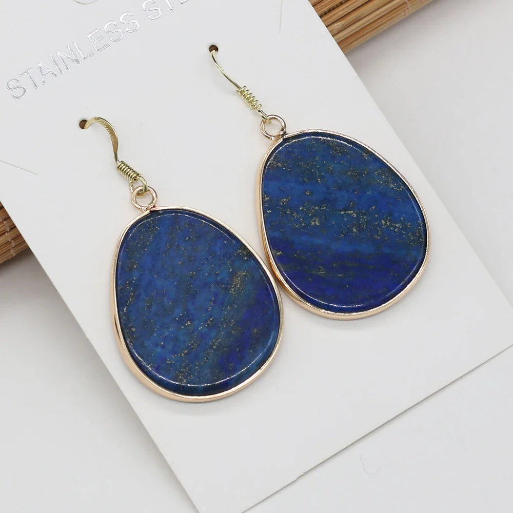 

Natural Stone Lapis lazuli Earrings Oval Shape Simple design golden-plated Earring Jewelry for Women Reiki Heal Gift