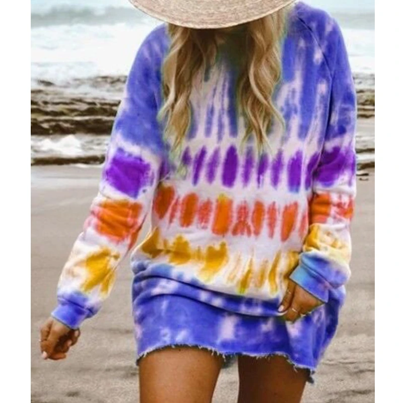

Mandylandy Dress Spring and Autumn Fashion Long-Sleeve Round-Collar Dress Women's Casual Tie-Dye Print Loose Dress