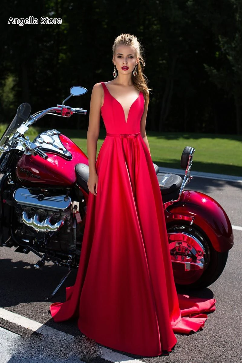 

Red Satin A-Line Evening Dresses Court Train Sheer Lace Back Long Formal Prom Party Gowns For Girls Women Special Occasion Dress