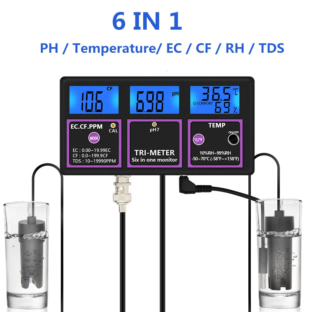 Monitor do Medidor de ph para o Teste ph Temperatura ec cf rh Tds Verificador Digital do Multi-parâmetro da Qualidade da Água 30% de Desconto em Medidores de PH