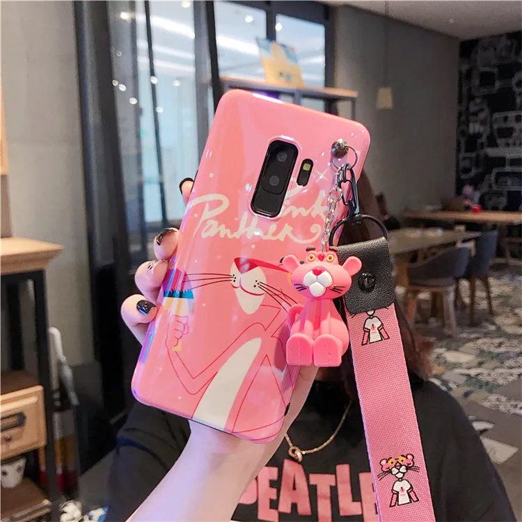 case toy straps Чехол Sam S10 plus с милой розовой пантерой, мягкий чехол для Samsung Galaxy S8 S9 note8 note9+ игрушка+ ремни - Цвет: case toy straps