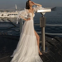 eightree sexy beach wedding dresses 2021 puff sleeve women wedding gowns couture high split summer bride dress pleated vestidos