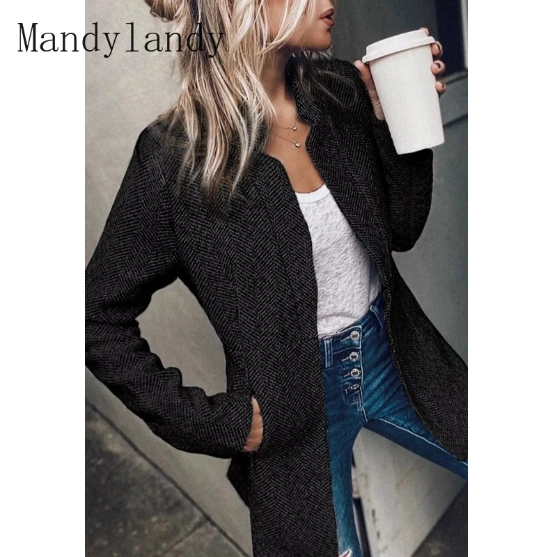 

Mandylandy Coat Women's Casual Slim-Fit Cardigan Coat Spring and Autumn Fashion Solid Color Long Sleeve Stand Collar Pocket Coat
