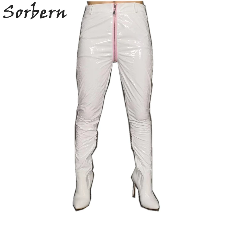 White Shiny Sorbern белые брюки; женские стилеты на высоком каблуке с острым носком; на заказ ноги расклешённые Подходит длинные растянутые Облегающий комбинезон для мужчин и женщин облегающий костюм - Цвет: White Shiny