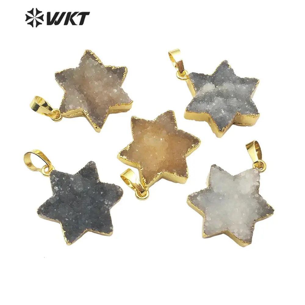 

WT-P1508 WKT Natural Stone Pendant Star Shape Druzy Quartz Pendant Gold Electroplated Pendant Women Fashion Pendant Jewelry