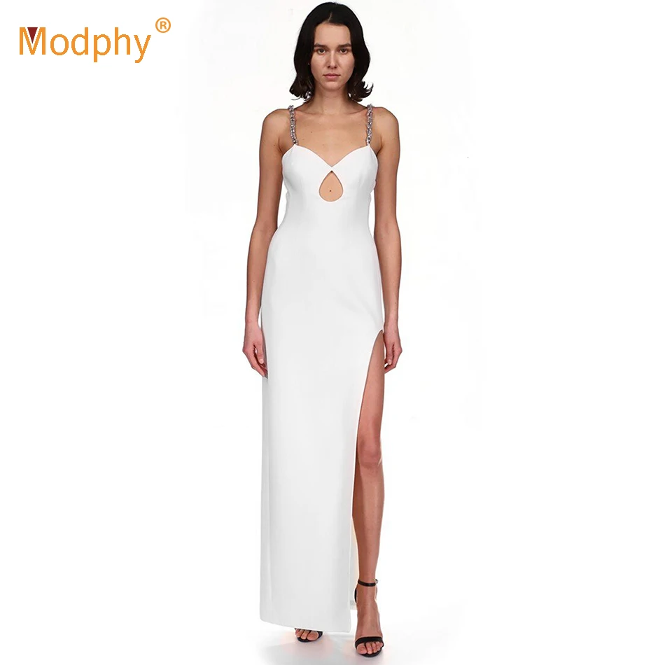 

2022 Spring New White Evening Long Dress Women Sexy Diamond Chain Sling Hollow Slim Maxi Dresses Summer Female Party Vestidos